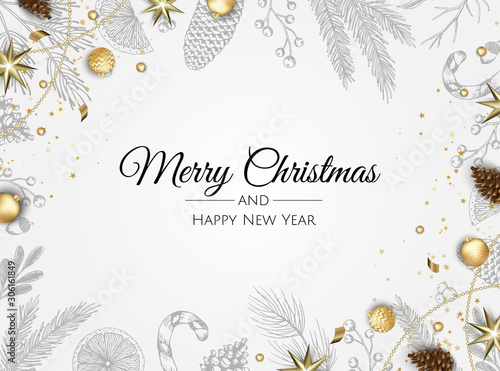 Christmas greeting card with Christmas Tree Decorations, Pine Branches, snowflake and confetti.