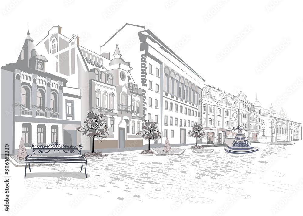 Fototapeta Seria widoków ulicznych na starym mieście. Ręcznie rysowane tła architektoniczne z zabytkowych budynków. Szkic czarno-biały