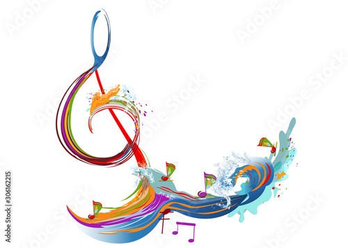 Abstract musical design with a treble clef and colorful splashes and waves. Hand drawn vector illustration.