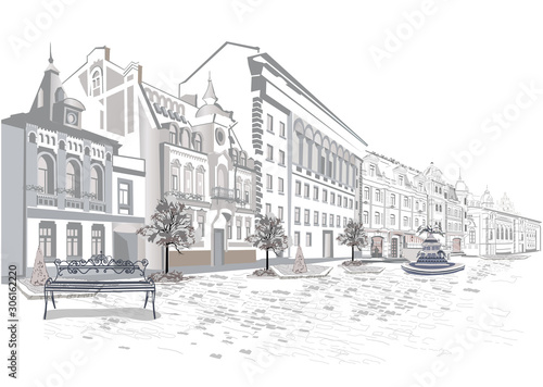 Series of street views in the old city. Hand drawn vector architectural background with historic buildings. Black & white sketch