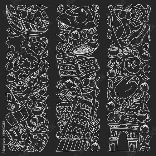 Italy vector elements and icons. Doodle pattern with italian culture, cities Roma, Venice, Milan, cheese, wine.