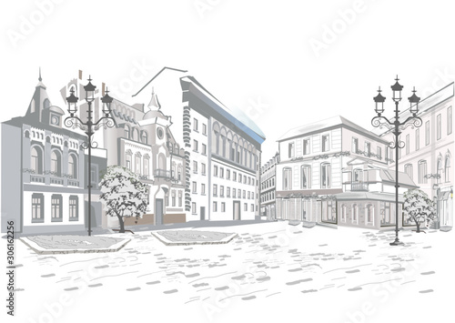 Series of street views in the old city. Hand drawn vector architectural background with historic buildings. Black & white sketch