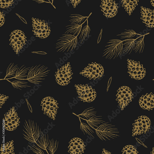 Xmas Seamless pattern with Christmas Tree Decorations, Pine Branches hand drawn art design vector illustration.