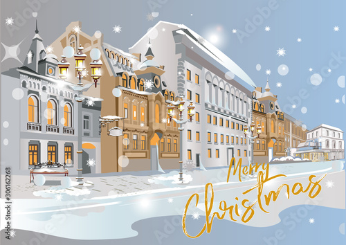 Series of colorful street views in the old city in winter. Hand drawn vector architectural background with historic buildings.