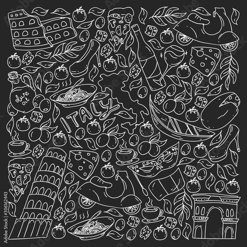 Italy vector elements and icons. Doodle pattern with italian culture, cities Roma, Venice, Milan, cheese, wine.