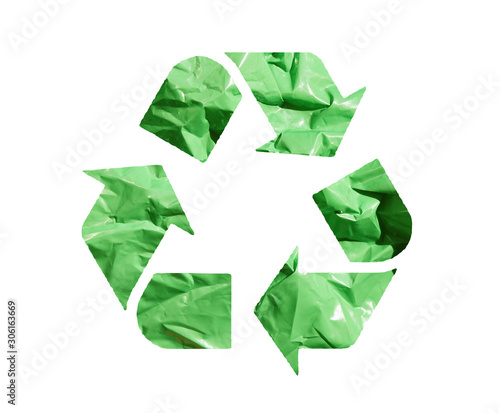 Waste recycle emblem. Green plastic bag texture background. Isolation on white. Stop garbage. Reuse materials. 