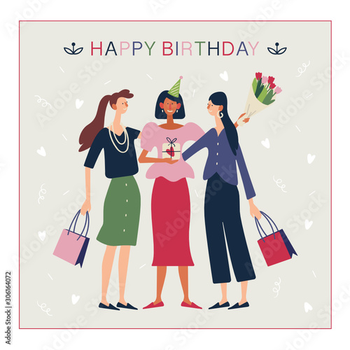 Wallpaper Mural Happy birthday message card. Friends are holding gift boxes and celebrating. Flat cartoon vector illustration. Torontodigital.ca