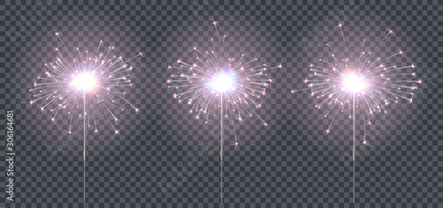 Sparkler or bengal fire set lighting elements festive decoration. Magic firework for holiday and birthday. Isolated on transparent background. Vector stock illustration