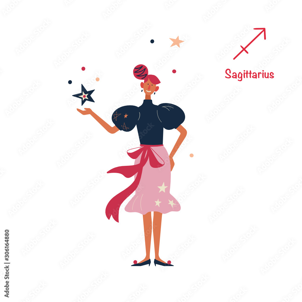 Fototapeta premium Sign of the zodiac Sagittarius. Young stylish girl on holiday, new year party. Vector illustration in flat cartoon style. Isolated on white background. 