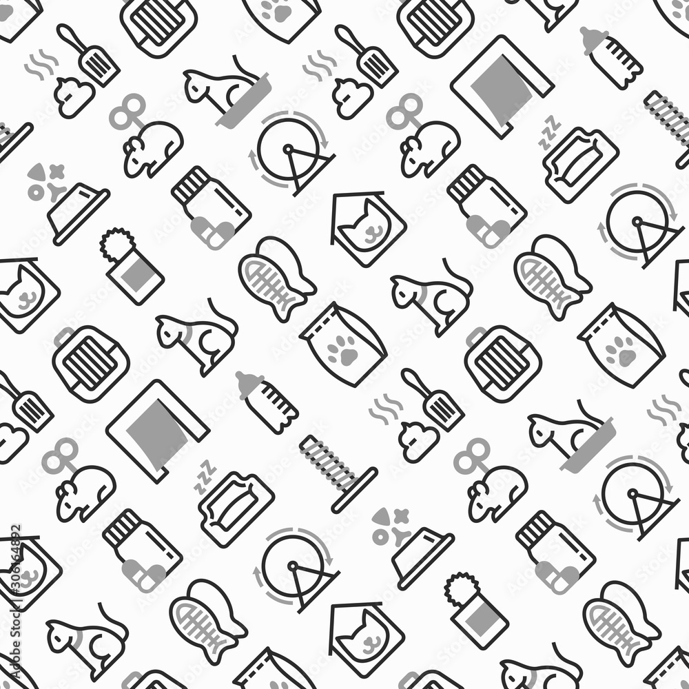 Naklejka premium Pet shop seamless pattern with thin line icons: bags for transportation, hygiene, collars, doors, toys, feeders, scratchers, cat litter, snack, training. Modern vector illustration.