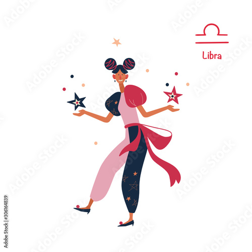 Sign of the zodiac Libra. Young stylish girl on holiday  new year party.  Vector illustration in flat cartoon style. Isolated on white background.