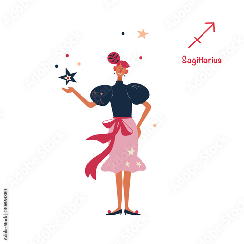 Sign of the zodiac Sagittarius. Young stylish girl on holiday, new year party. Vector illustration in flat cartoon style. Isolated on white background. 