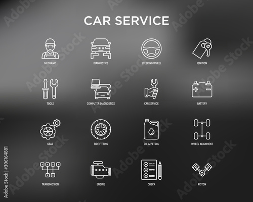 Car service thin line icons set: mechanic, computer diagnostics, ignition, steering wheel , battery, transmission, engine, piston, oil petrol, tire fitting. Modern vector illustration.