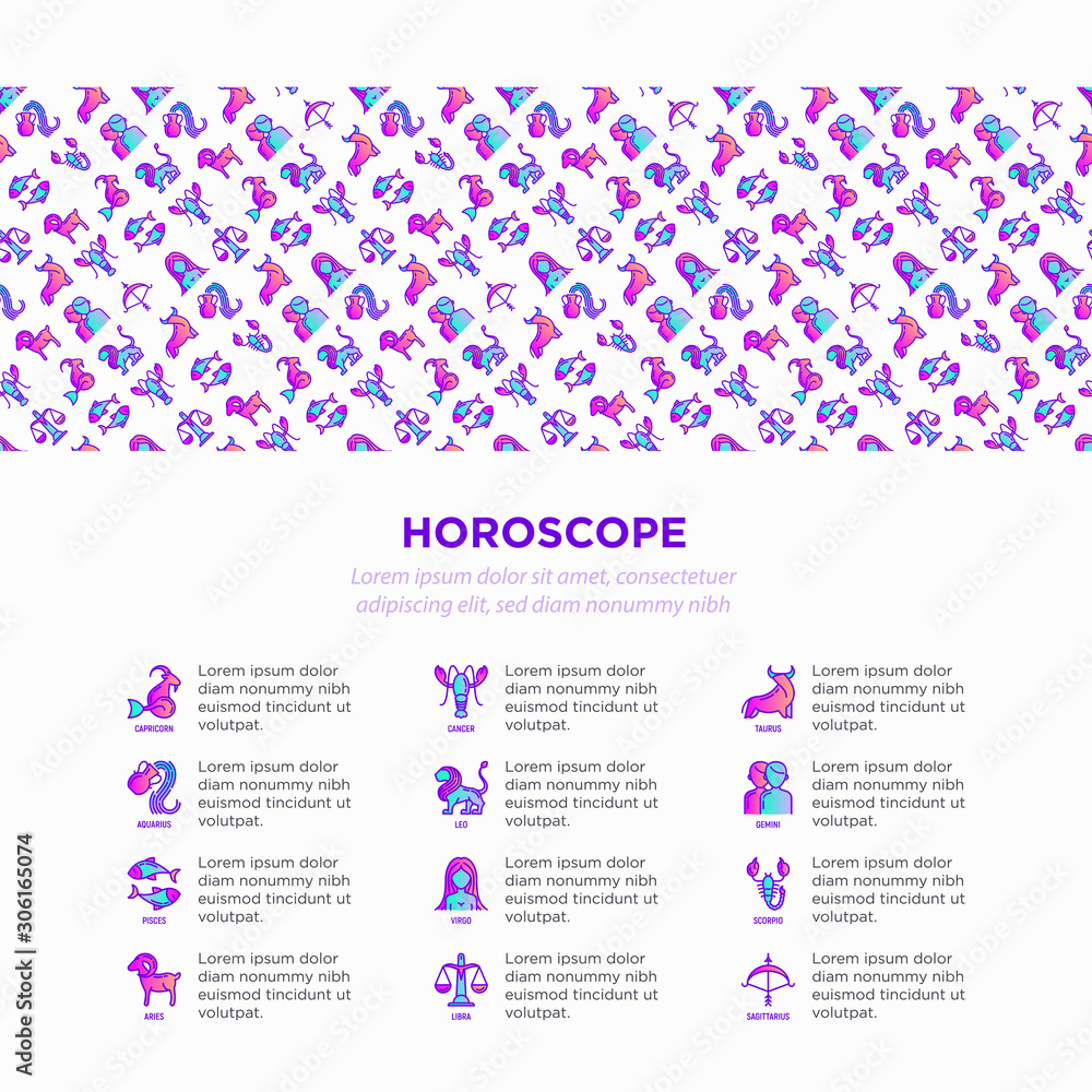 Horoscope concept with thin line icons and copy space. Zodiac signs: capricorn, aquarius, aries, pisces, virgo, libra, scorpio, sagittarius, taurus, gemini, leo. Modern vector illustration. Horoscope concept with thin line icons and copy space. Zodiac signs: capricorn, aquarius, aries, pisces, virgo, libra, scorpio, sagittarius, taurus, gemini, leo. Modern vector illustration.