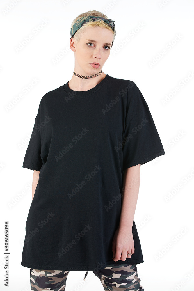 Blank t-shirt mock-up - Cool streetwear fashion girl ready for your design Blank t-shirt mock-up - Cool streetwear fashion girl ready for your design