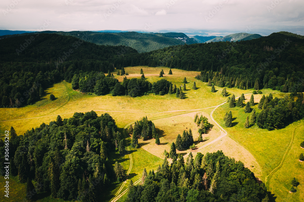 Slovak Paradise national park is really nice place with many hills and point of views. This is view from drone. Ther are many woods and many pastures.