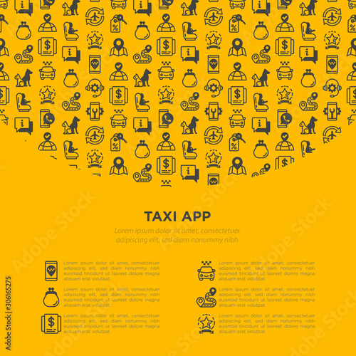 Taxi app concept with thin line icons: payment method, promocode, app settings, info, support service, phone number, route, destination, airport transfer, child seat. Vector illustration.