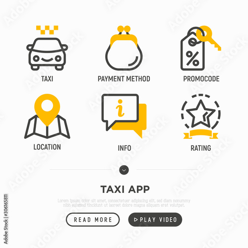 Taxi app thin line icons set: payment method, promocode, info, location, pointer, rating. Vector illustration.