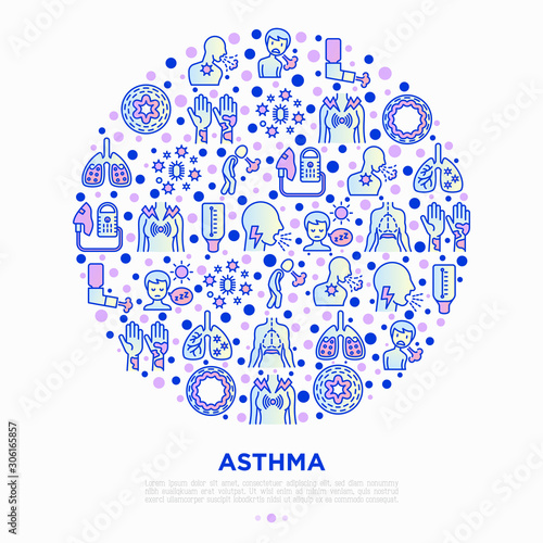 Asthma concept in circle with thin line icons: allergen, dyspnea, cough, wheezing, chest pain, diaphragm, asthma attack, hives, sputum, peak flow meter, inhaler, nebulizer. Modern vector illustration.