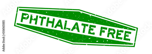Grunge green phthalate free word hexagon rubber seal stamp on white background
