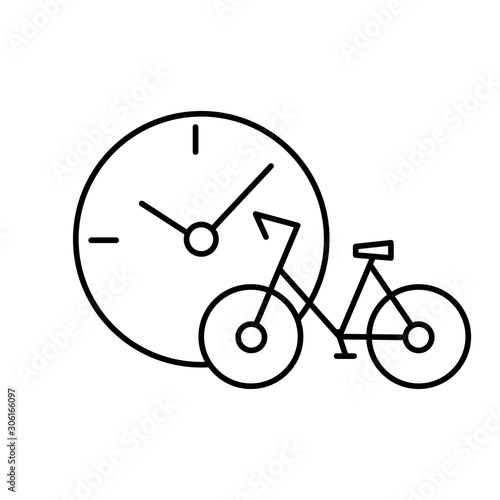Bike and clock with minute and hour hand. The temporary period of using a public bicycle in the rental and sharing of transport. Editable outline stroke linear icon. Thin vector black contour