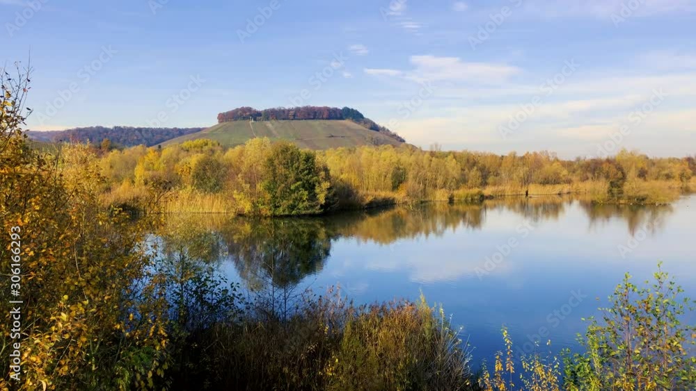 Panoramic view of the bird lake in the nature reserve Haff Reimech. Ornithology center Biodiversum in Remerschen near Schengen, Luxembourg. Nature protection concept. 