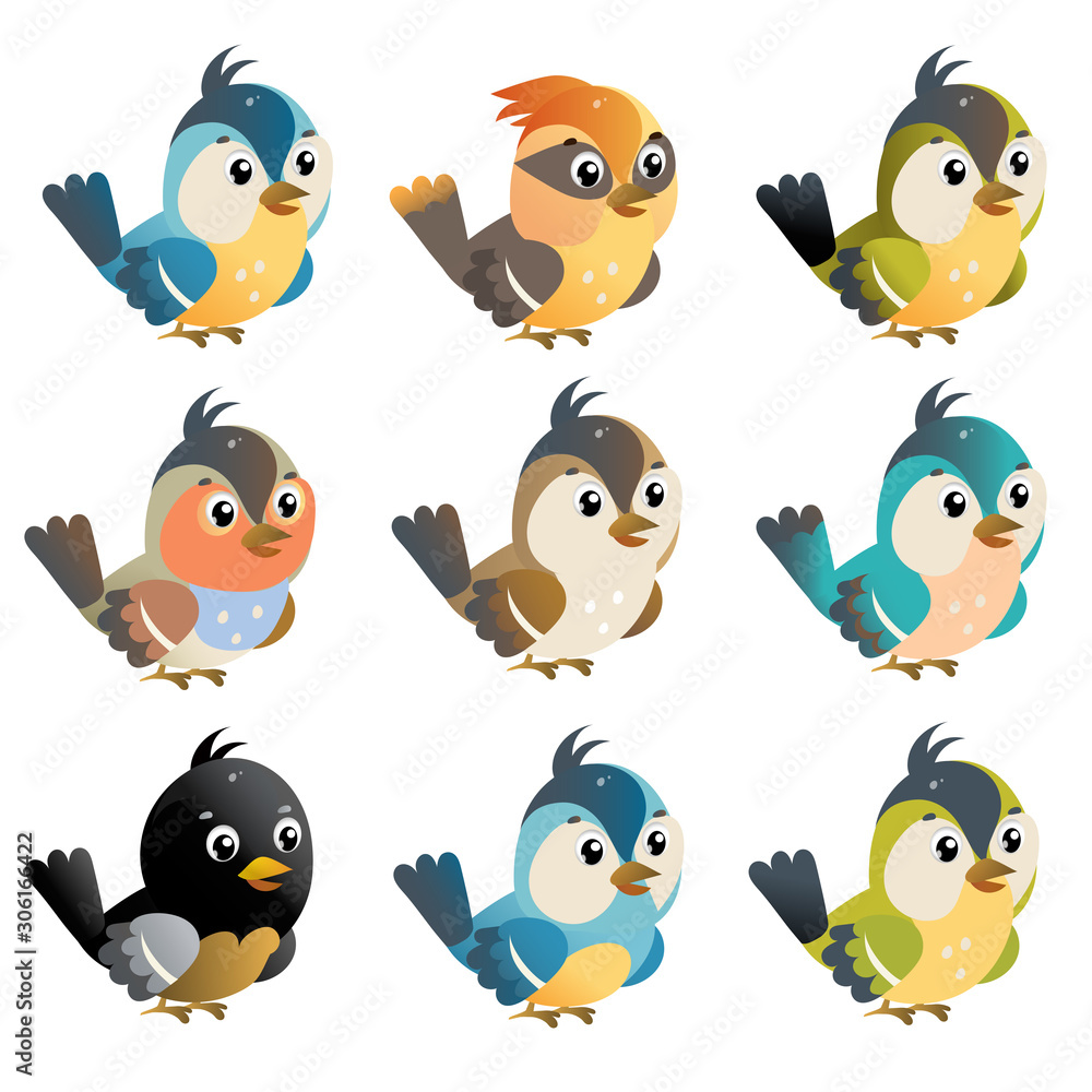 Color images of cartoon bird on white background. Vector illustration set for kids.