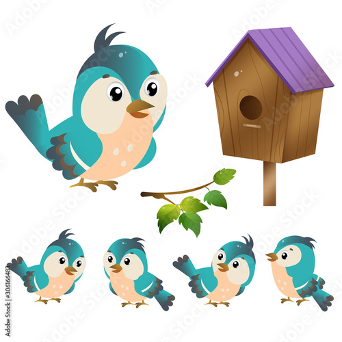 Color images of cartoon bird with birdhouse on white background. Vector illustration set for kids.