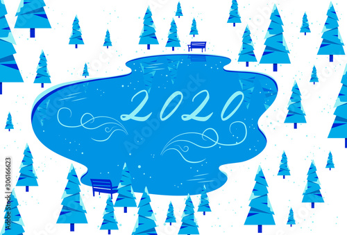 Winter lake in the forest among fir trees with the inscription 2020