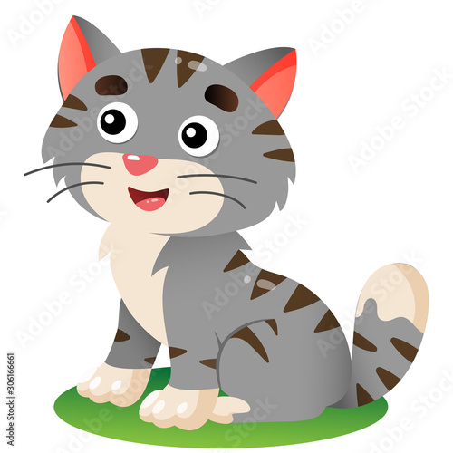 Color image of cartoon gray striped cat on white background. Pets. Vector illustration for kids.