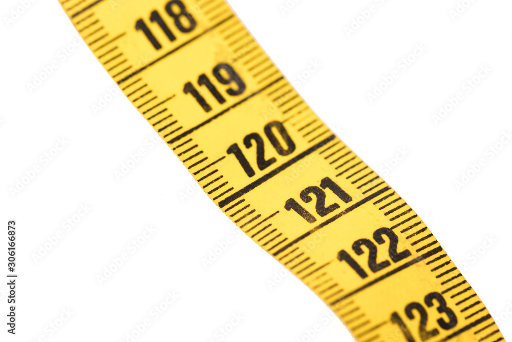 Close-up of a yellow measuring tape isolated on white - 120 Close-up of a yellow measuring tape isolated on white - 120