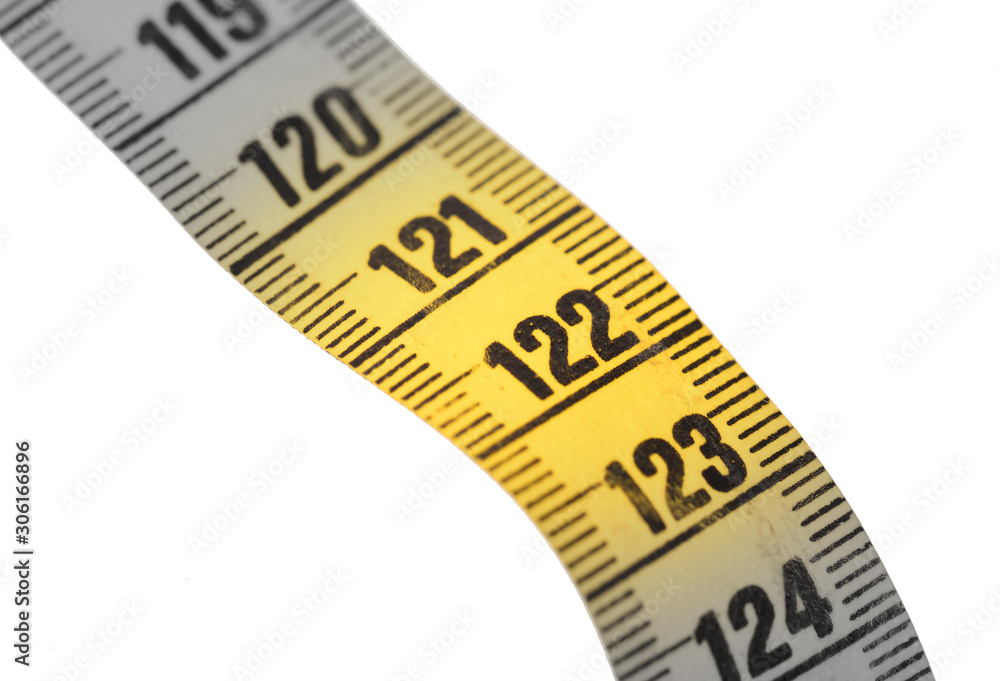 Close-up of a yellow measuring tape isolated on white - 122 Close-up of a yellow measuring tape isolated on white - 122