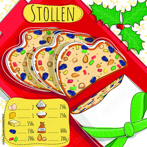 Stollen - traditional German Christmas bakery with short recipe, ingridients description. Christmas concept