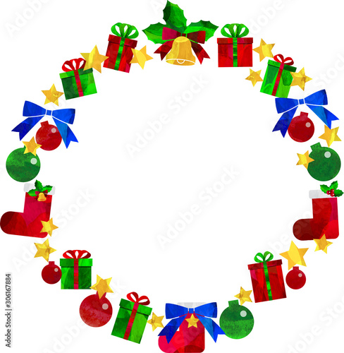 イラスト_クリスマスリース_星_クリスマスプレゼント_クリスマスブーツ_セット_ベクター_切り絵風