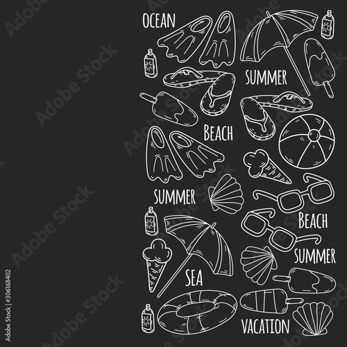 Beach theme doodle set. Various seaside sport activities and relaxation.