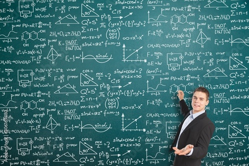 Man teacher with algebra background blackboard board business calculations