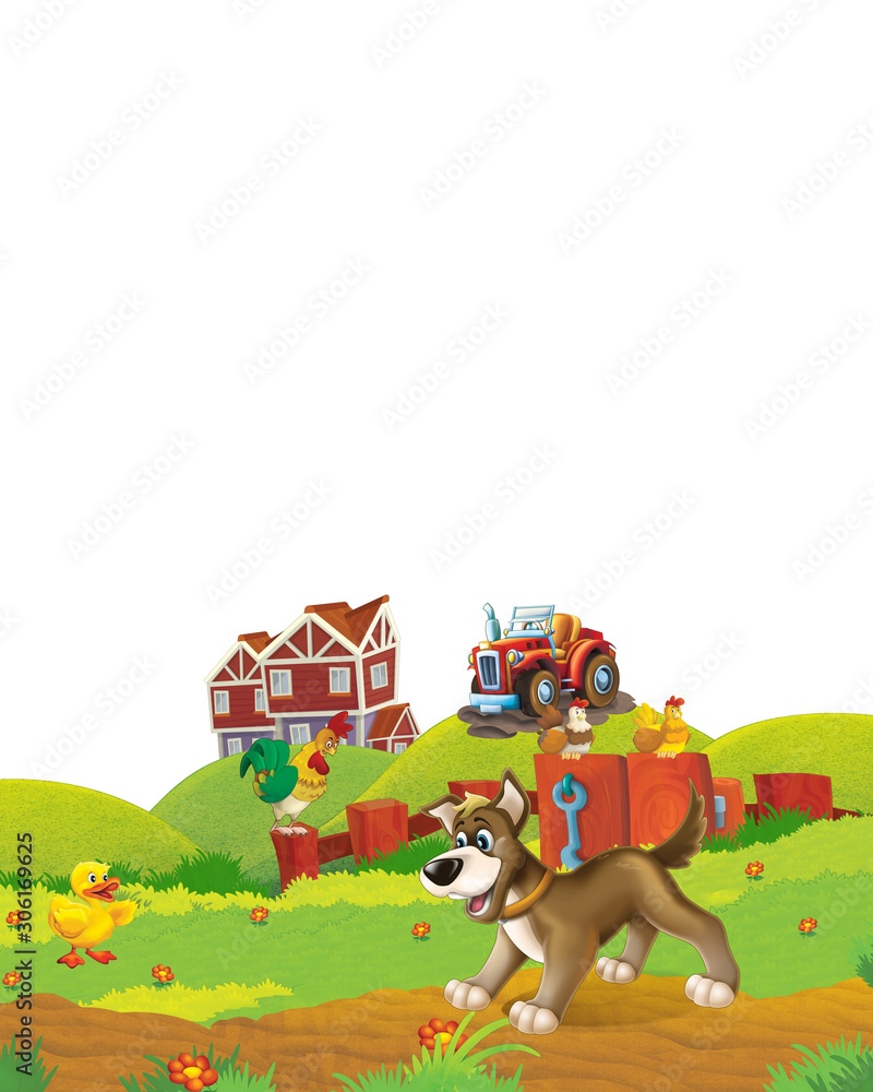 cartoon scene with dog having fun on the farm on white background - illustration for children cartoon scene with dog having fun on the farm on white background - illustration for children