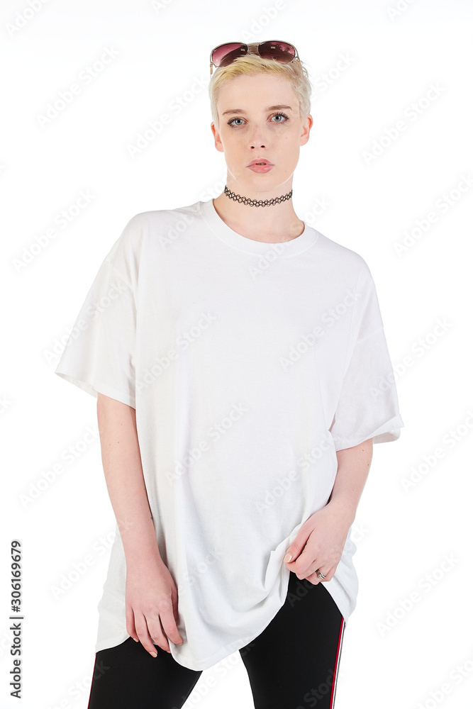 Blank t-shirt mock-up - Cool streetwear fashion girl ready for your design Blank t-shirt mock-up - Cool streetwear fashion girl ready for your design