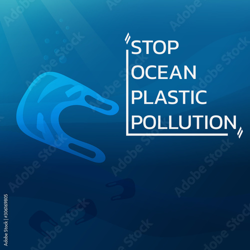 stop ocean plastics environmental pollution concept, plastics fish shape underwater, waste, debris, garbage, eco problem sign symbol banner, poster, advertisement, vector flat illustration.