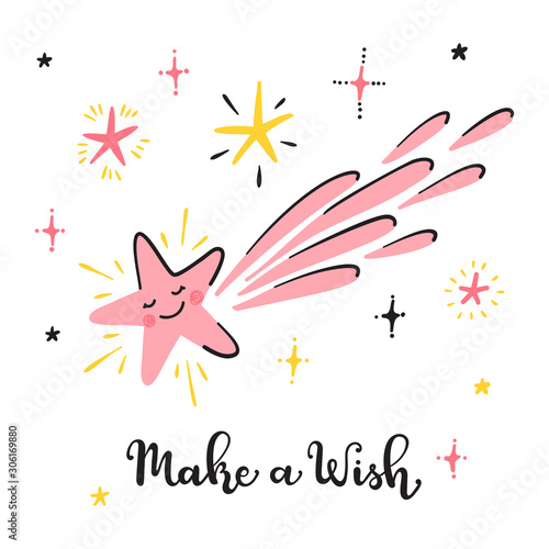 T-shirt Print Design for Kids with Little Cute Falling Star and "Make a Wish" Word. Cartoon Comet Vector Illustration. Shooting Stars Scandinavian Poster for Nursery Design, Baby Shower Card