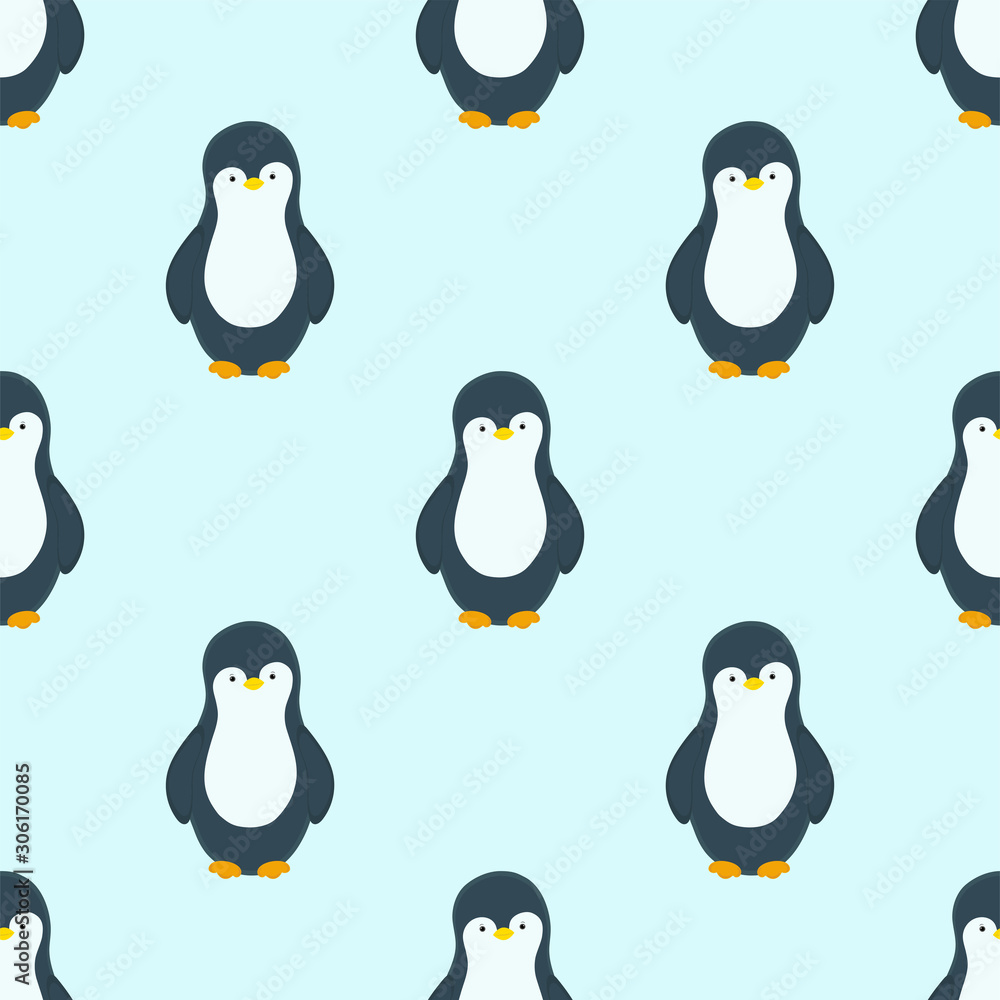 Obraz premium Vector pattern with penguins in winter season. Light blue background. Happy New Year. Winter and New Year print design.