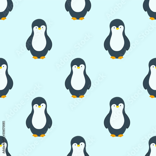 Vector pattern with penguins in winter season. Light blue background. Happy New Year. Winter and New Year print design.