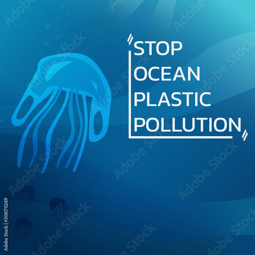 stop ocean plastics environmental pollution concept, plastics jellyfish shape underwater, waste, debris, garbage, eco problem sign symbol banner, poster, advertisement, vector flat illustration.