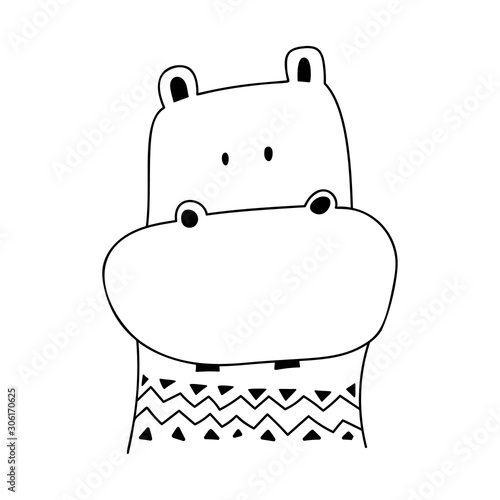 Cute cartoon doodle hippo. Kids Logo vector Isolated on white background. outline black and white illustration, design element photo