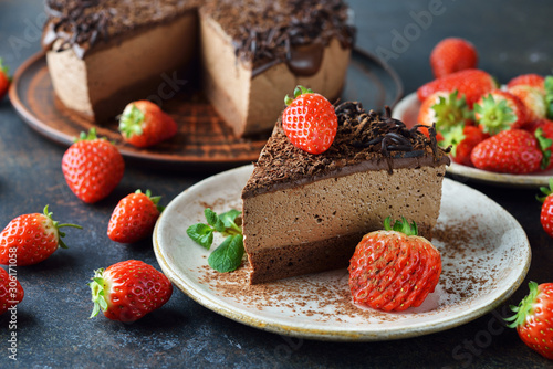 Chocolate cake decorated with strawberries