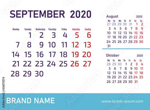 September 2020 Calendar Design. Vector template