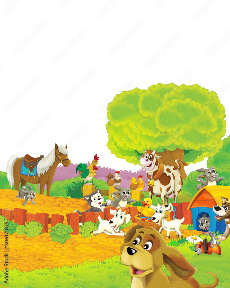 Naklejka premium cartoon scene with dog having fun on the farm on white background - illustration for children