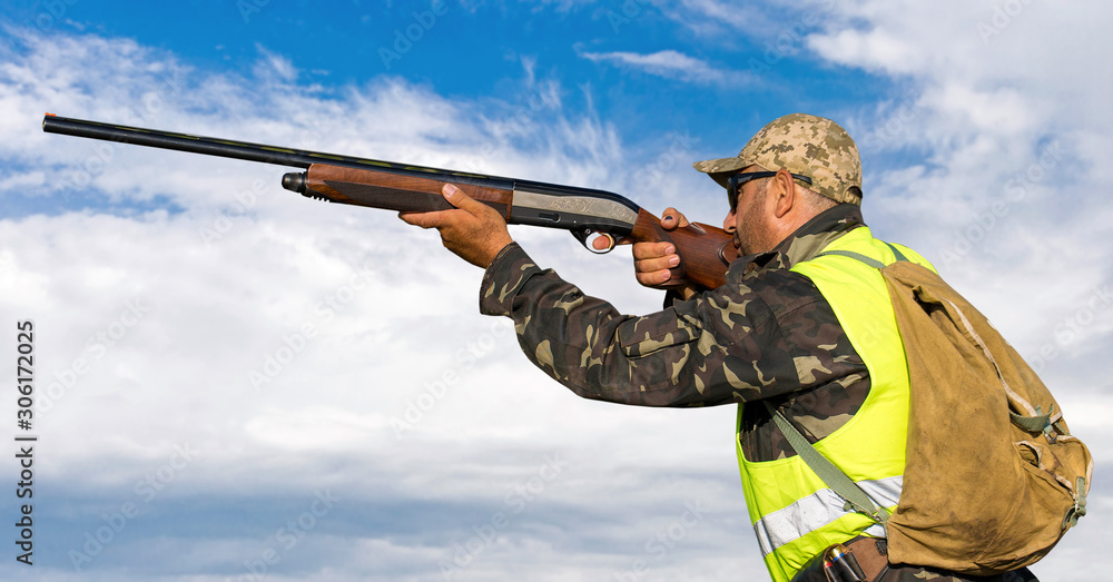 Hunting period, autumn season open. A hunter with a gun in his hands in hunting clothes in the autumn forest in search of a trophy. A man stands with weapons and hunting dogs tracking down the game...