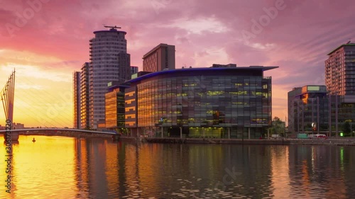 manchester  salford quays timelapse from sunset to night pan england uk photo