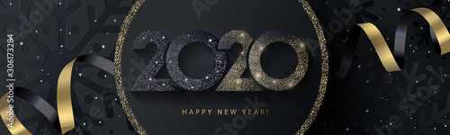 Happy New Year 2020 beautiful sparkling design of numbers on black background with texture of black snowflakes and shining falling snow. Trendy modern  winter banner, poster or greeting card template